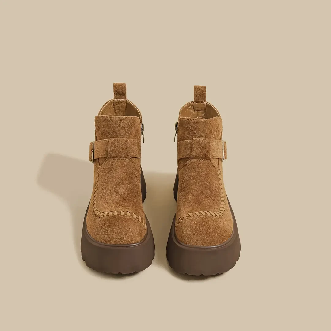 2025秋冬季新款厚底马丁靴女棕色绒面短靴增高轻便显瘦百搭勃肯鞋