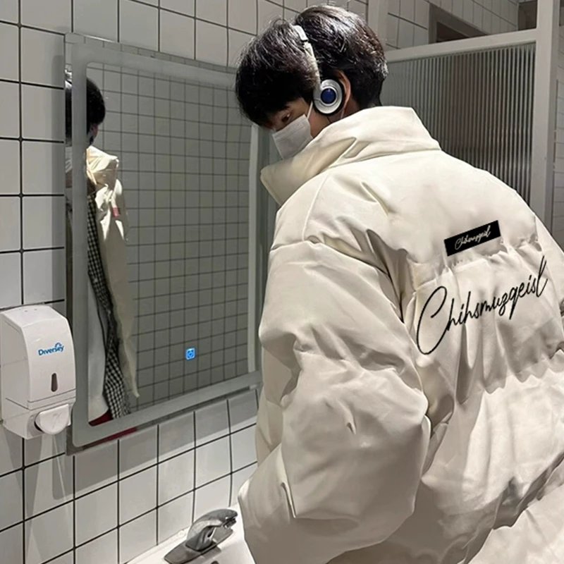 美式立领米白色男白鸭绒羽绒服男款冬季青少年宽松轻薄保暖外套潮