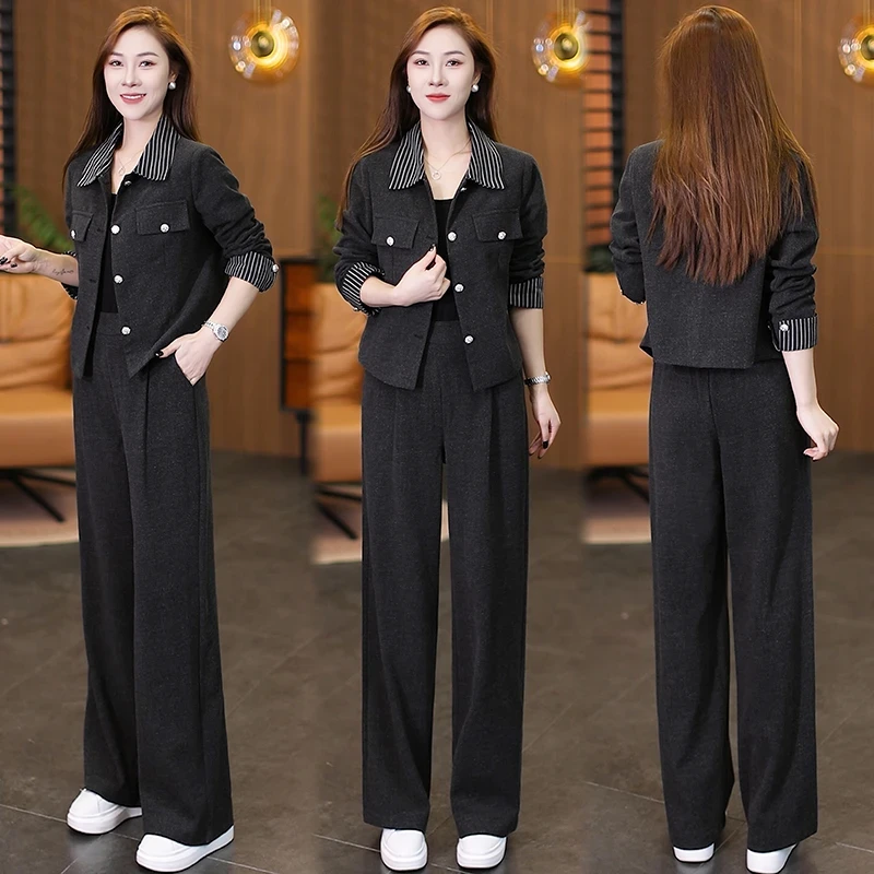 时尚休闲套装女2025秋季新款气质慵懒风条纹拼接外套阔腿裤两件套