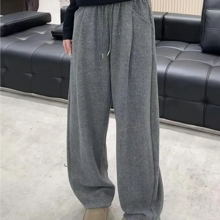 高级感闪闪加厚加绒休闲裤女秋冬遮肉阔腿裤子慵懒风卫裤9098