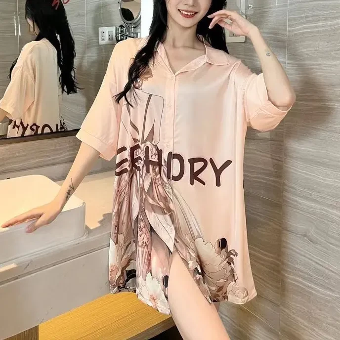 新款性感睡衣女轻奢冰凉短袖睡裙薄款宽松显瘦睡衣裙可外穿家居服