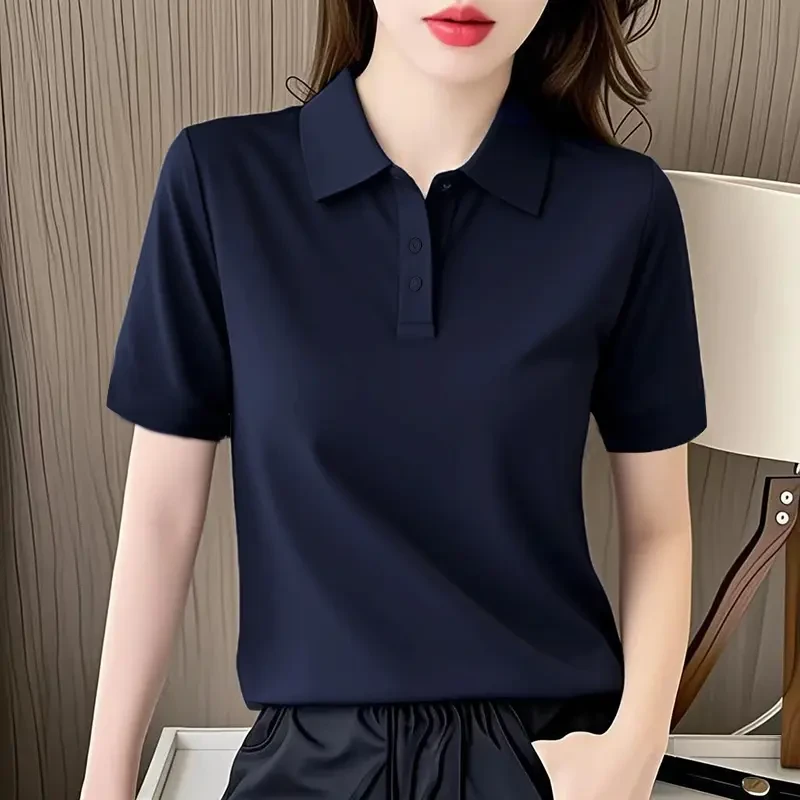 夏季大码藏青色外穿polo短袖t恤女装2025新款纯色正肩宽松打底衫