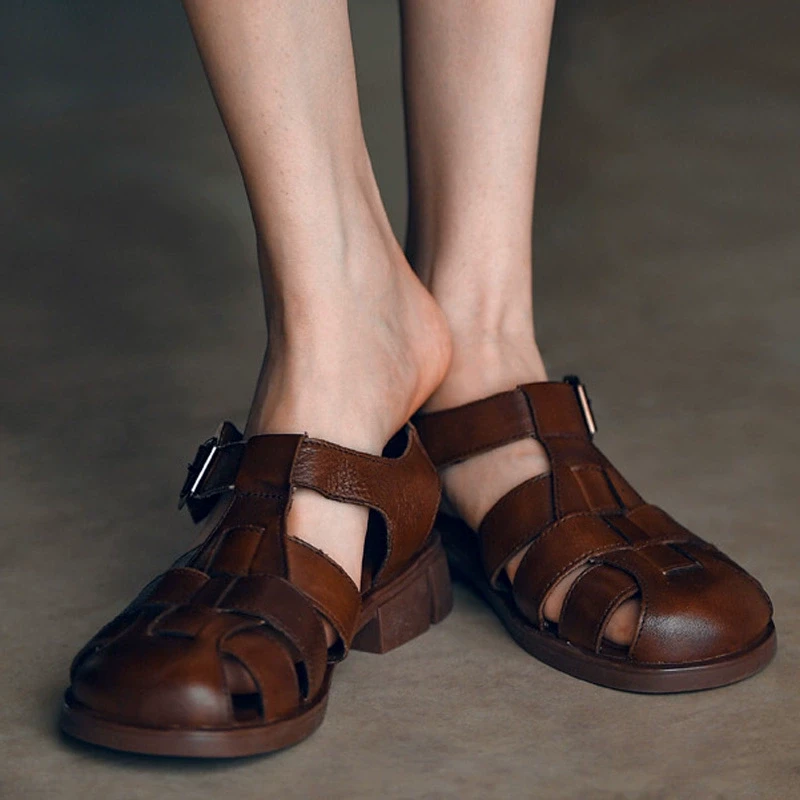 真皮猪笼鞋棕色罗马凉鞋女包头宽带平跟夏季女鞋平底鞋