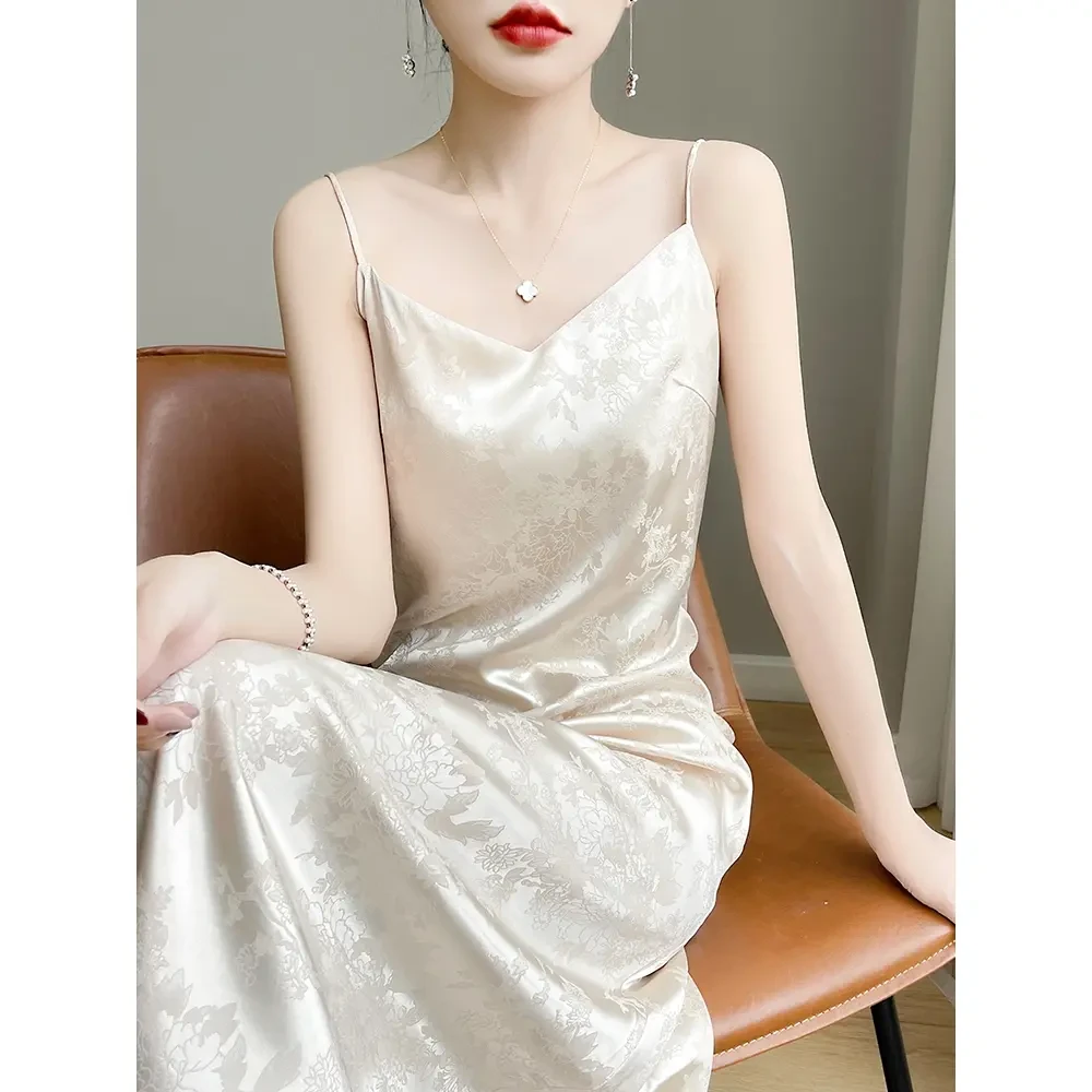 国风气质吊带连衣裙女醋酸缎面提花长裤过膝A字高级感吊带裙子