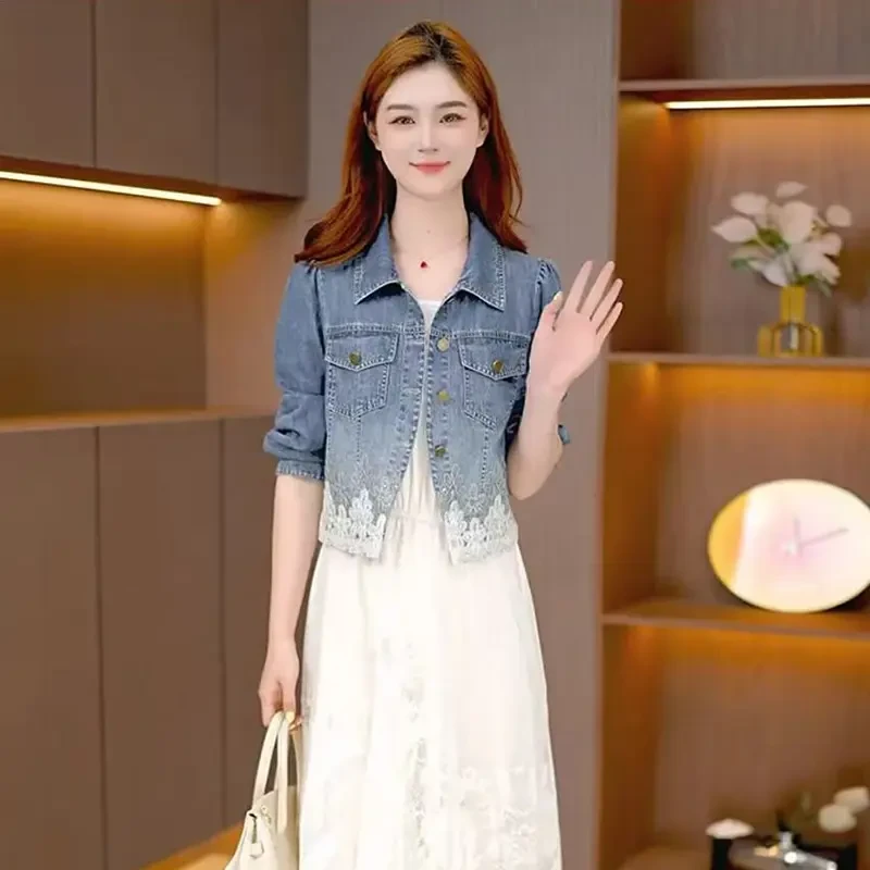 2025春季牛仔套装蕾丝花边摆牛仔外套连衣裙显瘦洋气两件套套装女