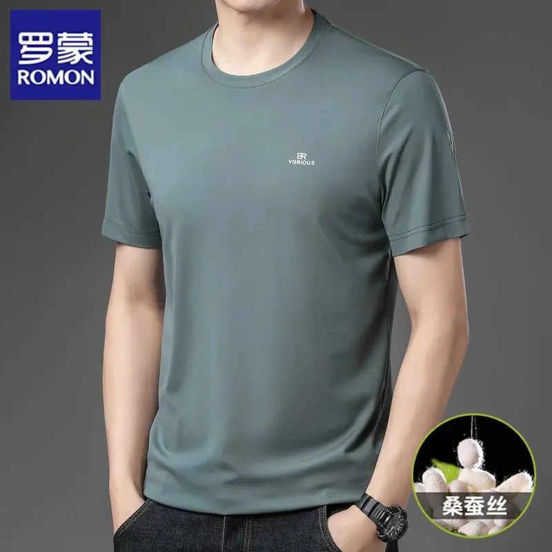 罗蒙桑蚕丝凉感短袖T恤男2025夏季冰丝宽松半袖纯色薄款速干上衣