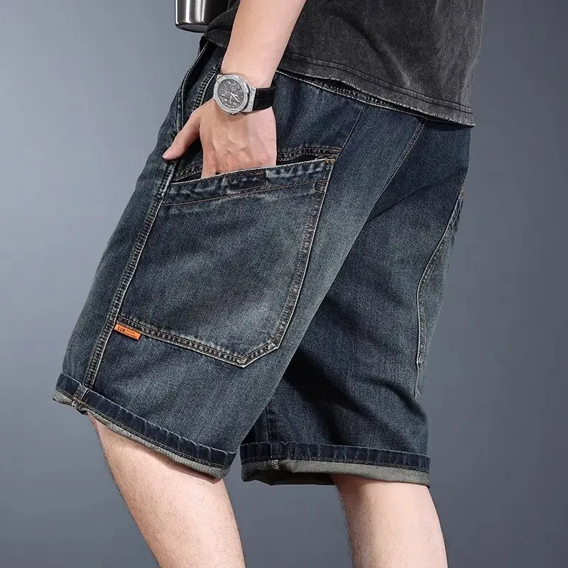 Cebrodz复古牛仔短裤男宽松水洗五分高端莱赛尔美式抽绳大码男士