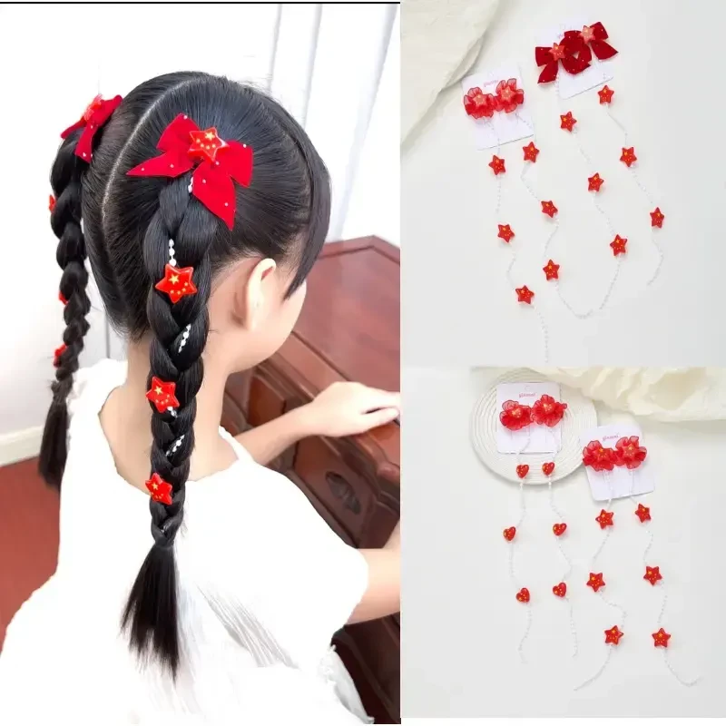 2025新款国庆发饰红色蝴蝶结五星图案珍珠编发链发夹甜美国潮头饰