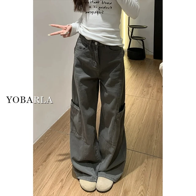 灰色阔腿工装裤女夏季新款胖mm大码宽松梨型身材显瘦直筒牛仔裤子