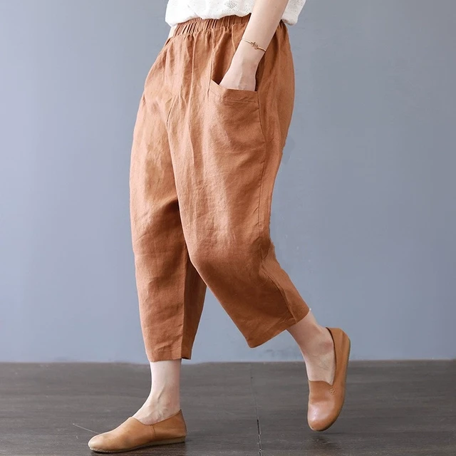 夏新款98%纯亚麻水洗文艺复古休闲八分松紧裤大码宽松薄哈伦女裤