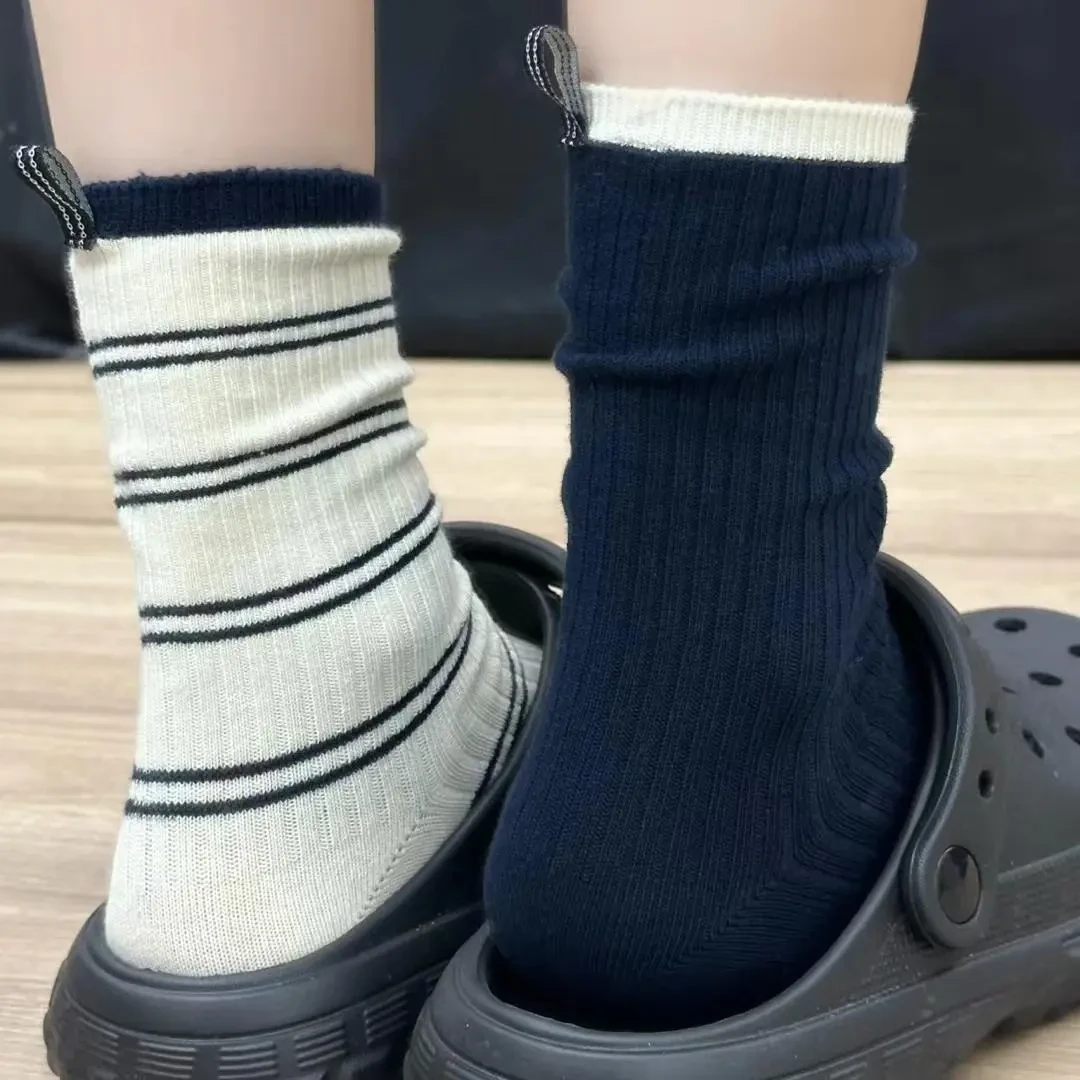 夏季女款薄款透气防臭脚后跟ins女撞色条纹堆堆袜耐磨女中长袜子