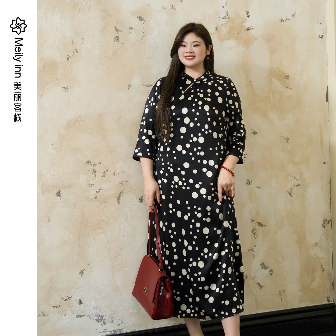 【抑菌】美丽客栈桑蚕丝波点立领改良旗袍连衣裙原创高端大码女装