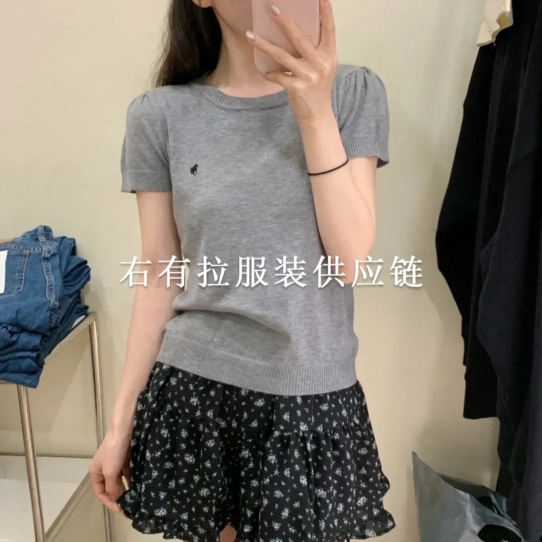 小马刺绣T恤圆领-常规纯色不规则韩版休闲短袖透气运动灰色