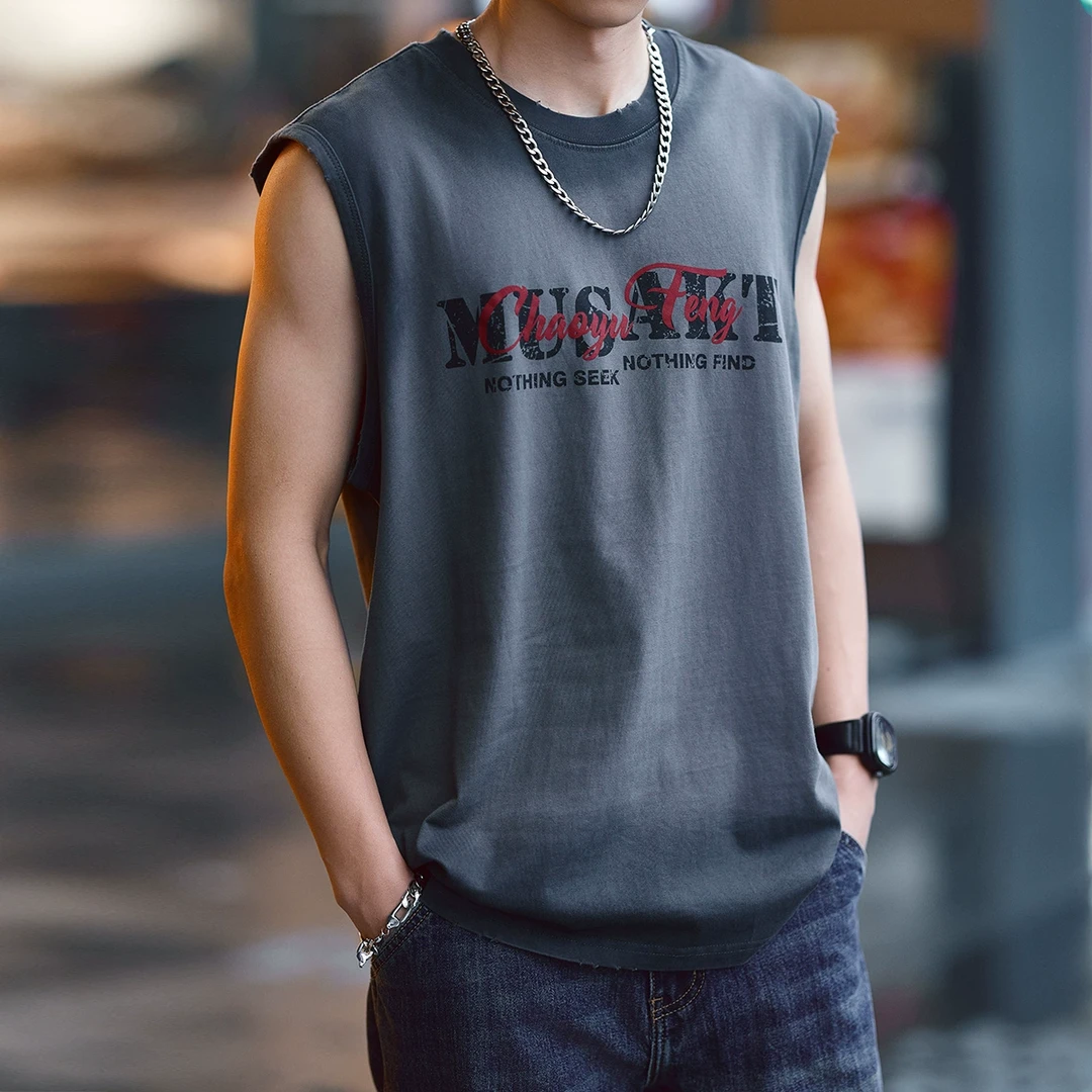 格蓝鹿高端美式复古水洗无袖背心男2025夏季宽松纯棉坎肩男士T恤