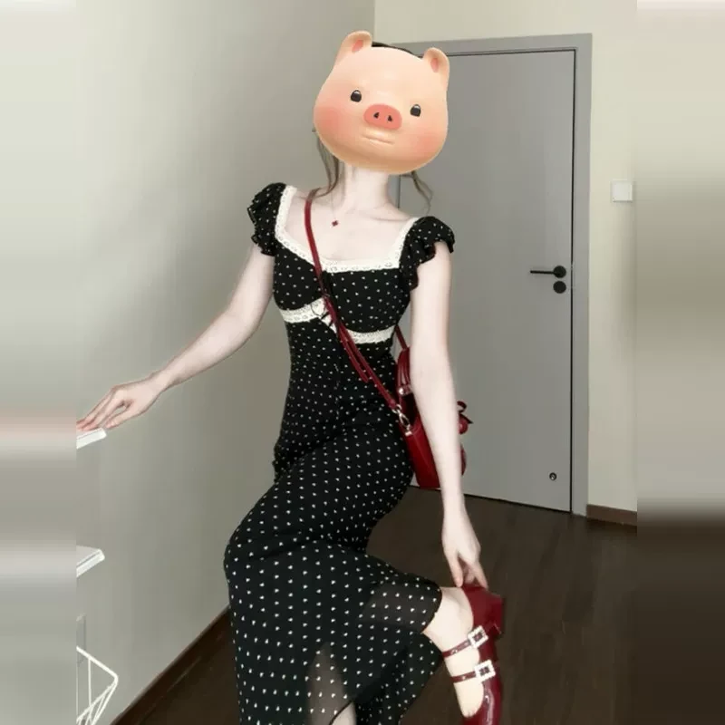 法式飞飞袖蕾丝碎花连衣裙子女夏季2025新款春秋高个子波点鱼尾裙