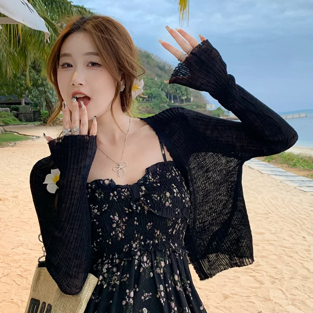 黑色针织防晒开衫女2025新款夏季配裙子吊带披肩冰丝薄纱罩衫外套