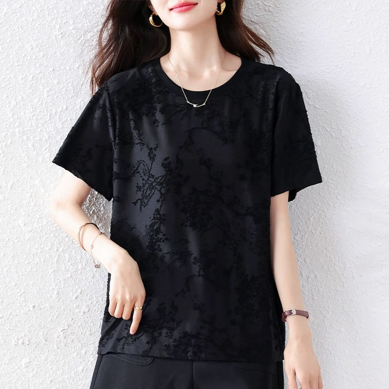 女士黑色提花缎面t恤2025夏季新款时尚显瘦减龄气质短袖休闲上衣