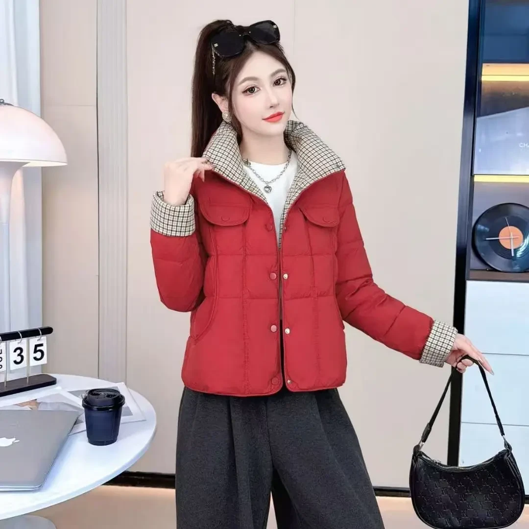 格子拼接立领短款棉服女冬季加厚保暖显瘦百搭棉袄外套洋气潮