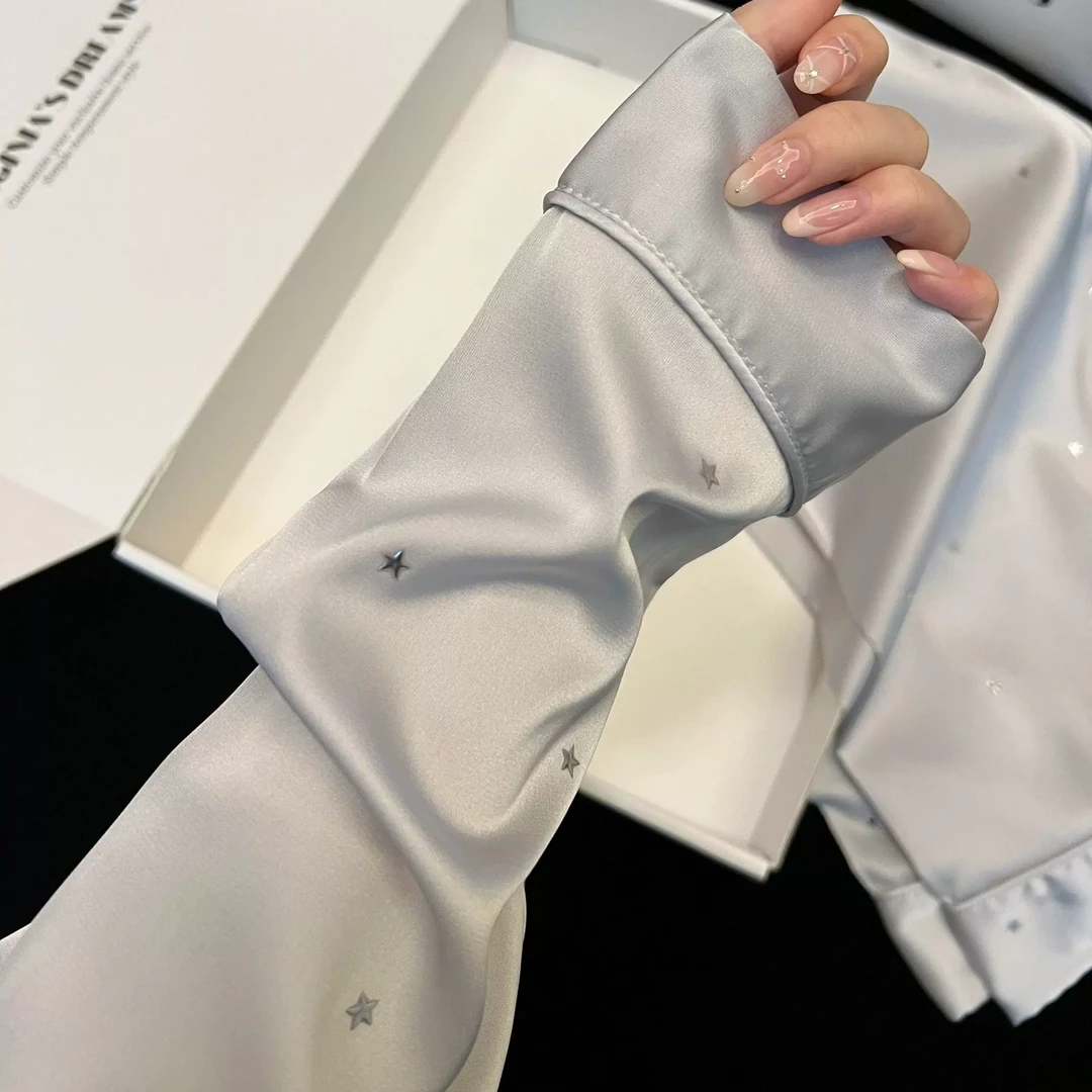 星星冰丝睡衣春秋款新款长袖长裤高级仿真丝家居服套装睡衣冰丝