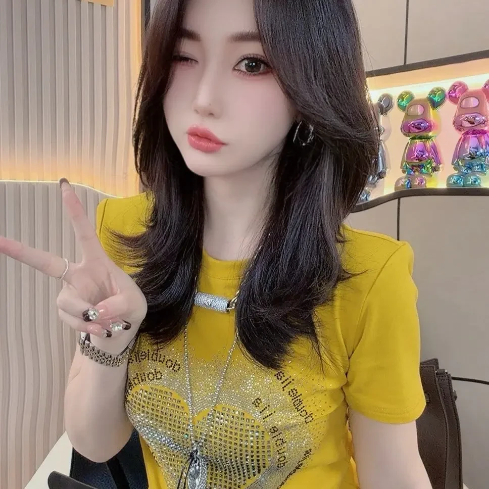 圆领烫钻爱心短袖T恤时尚韩版潮流网红修身显瘦百搭洋气夏季上衣