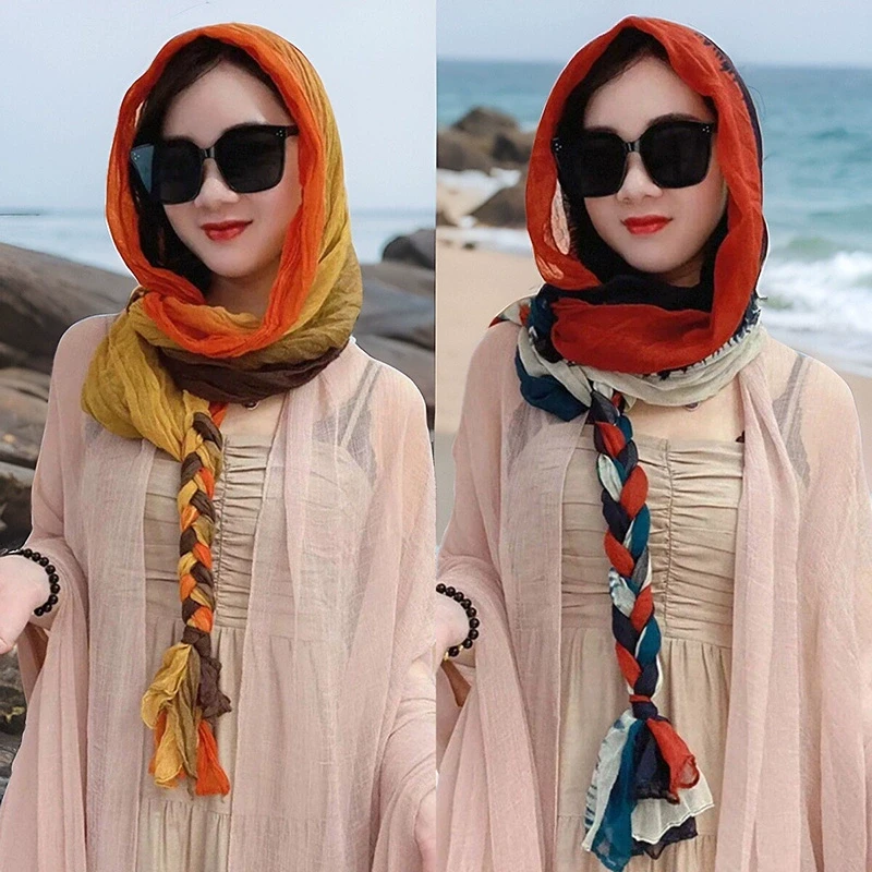 春夏新款棉麻花丝巾帽辫子包头巾旅游洋气时尚百搭气质围巾女遮阳