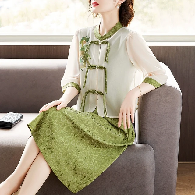 母亲节妈妈夏装新中式连衣裙雪纺上衣套装中老年女装国风洋气裙子