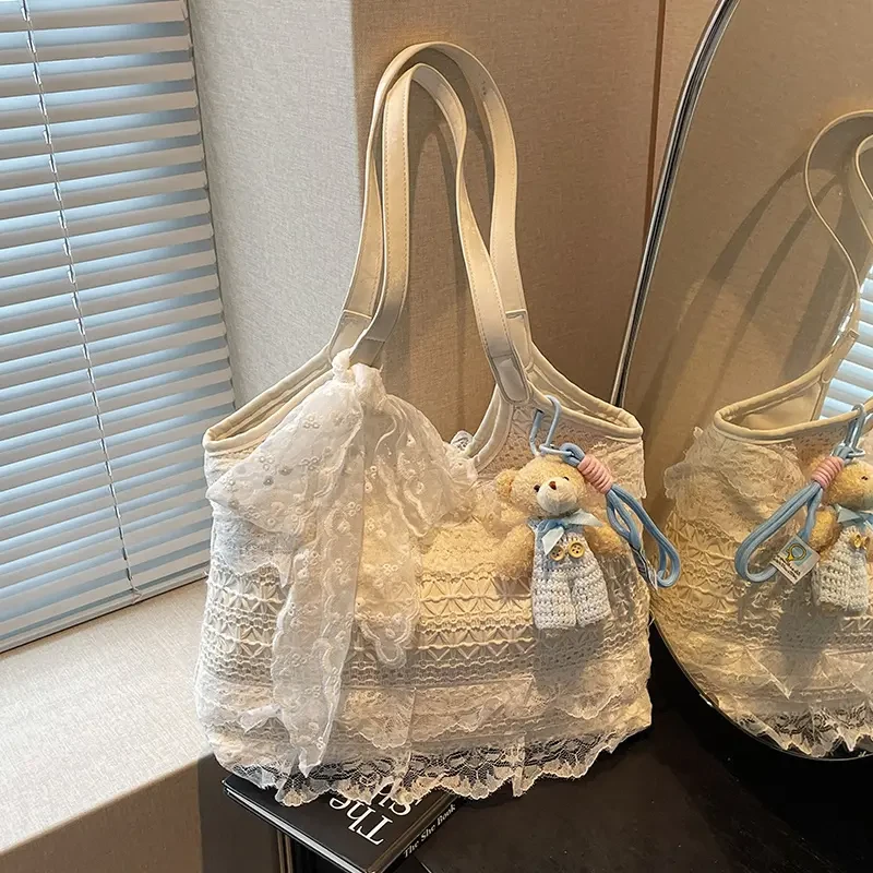 韩系小众简约蕾丝温柔风单肩包2025春季新款百搭高颜值通勤托特包