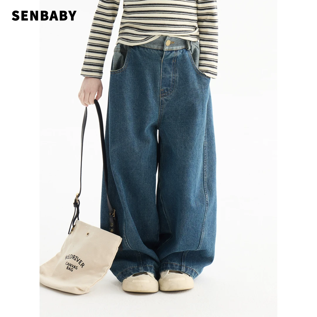 现货senbaby女童牛仔裤2025春宽松洋气阔腿裤儿童裤子休闲牛仔裤