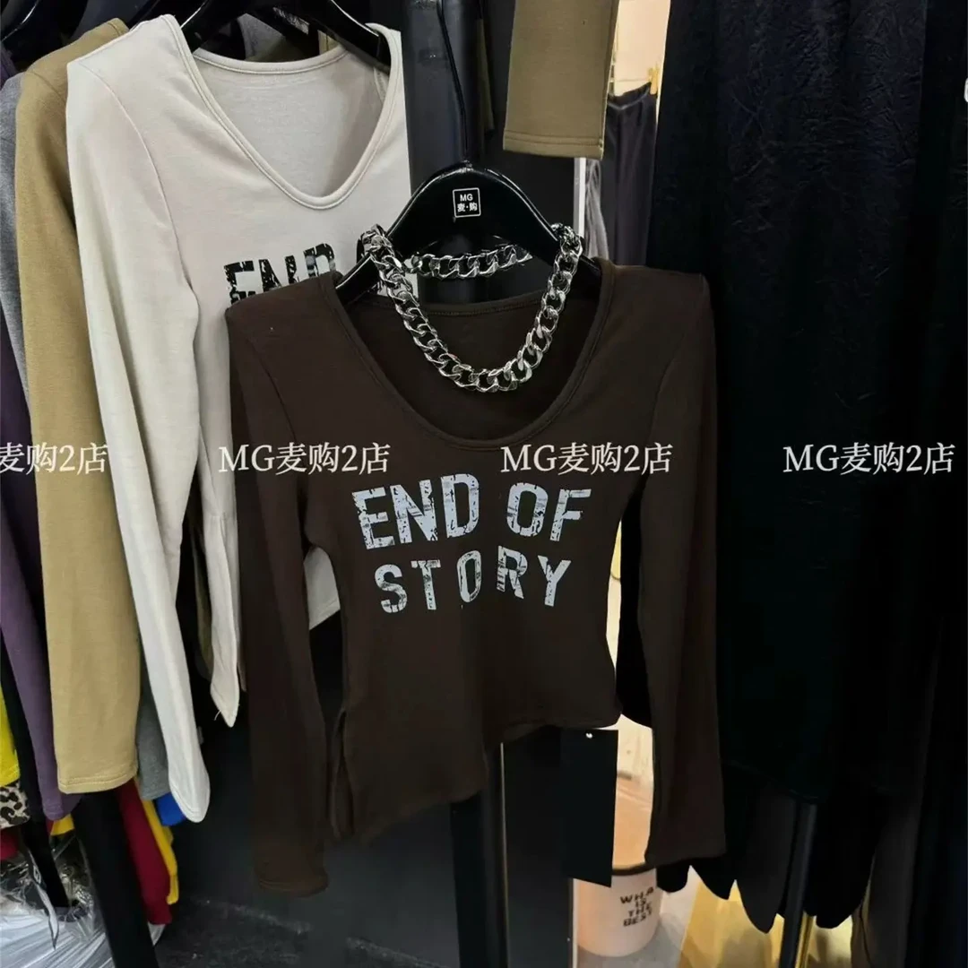 字母印花圆领常规V领刺绣长袖T恤千金风修身型常规款