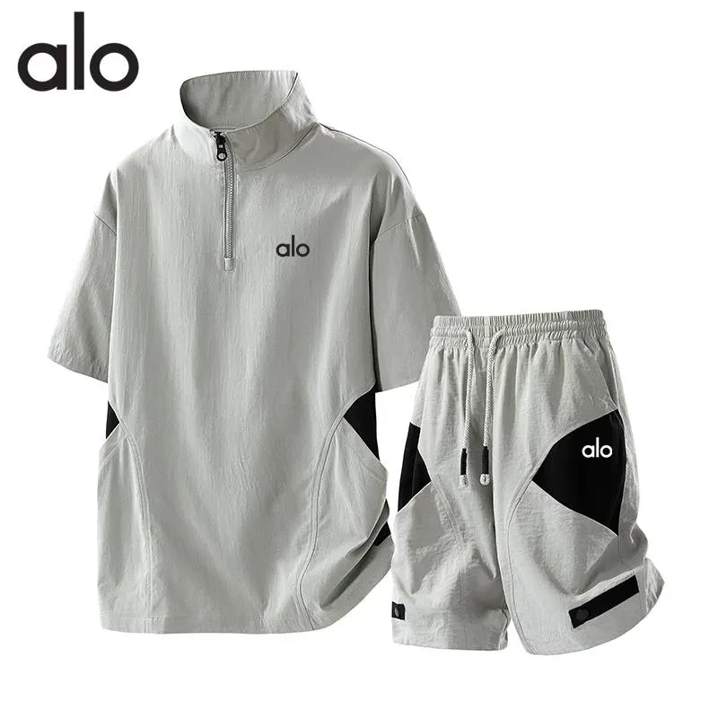 alo夏季大码男士休闲运动套装短袖短裤polo衫两件套薄款加肥加大