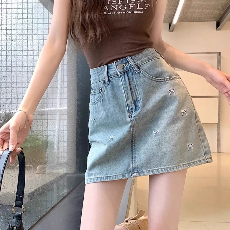 【现货+运费险】蝴蝶结刺绣弹力牛仔女夏高腰显瘦百搭半身牛仔裙
