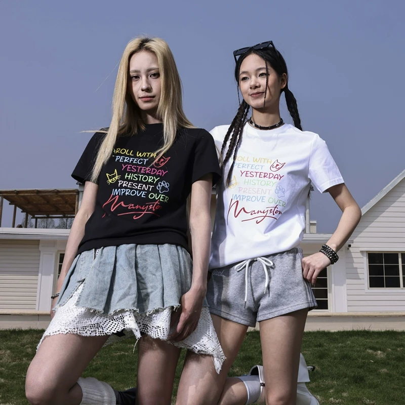 MANYSTON 美式280g重磅短袖t恤上衣女夏季高级小众不撞款正肩体恤