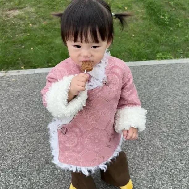 藏式亲子装冬季v领儿童装加厚加毛擦热包边男女儿童藏服藏装加绒