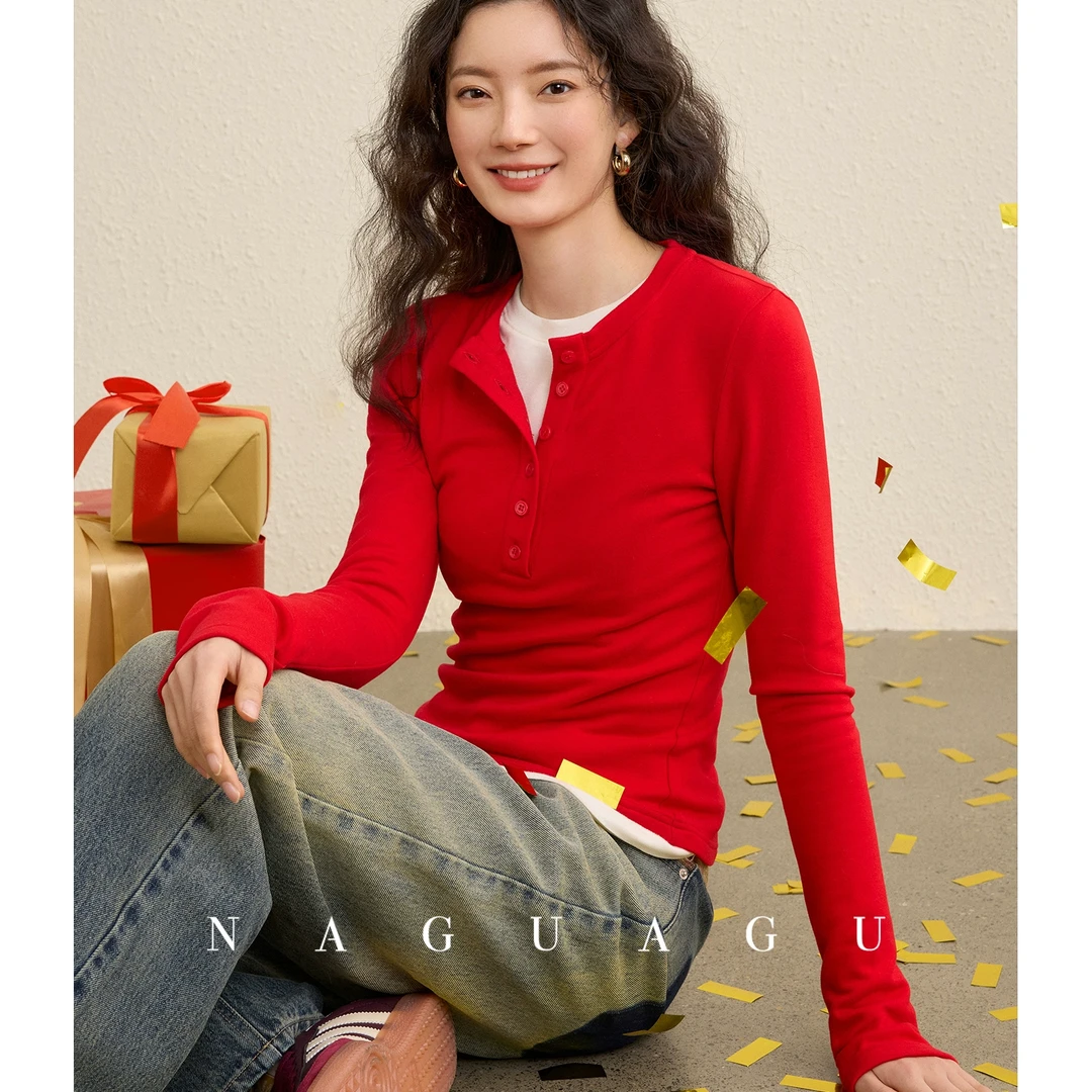 南瓜谷【黑科技发热亨利衫】暖感面料 正肩打底针织衫秋冬女