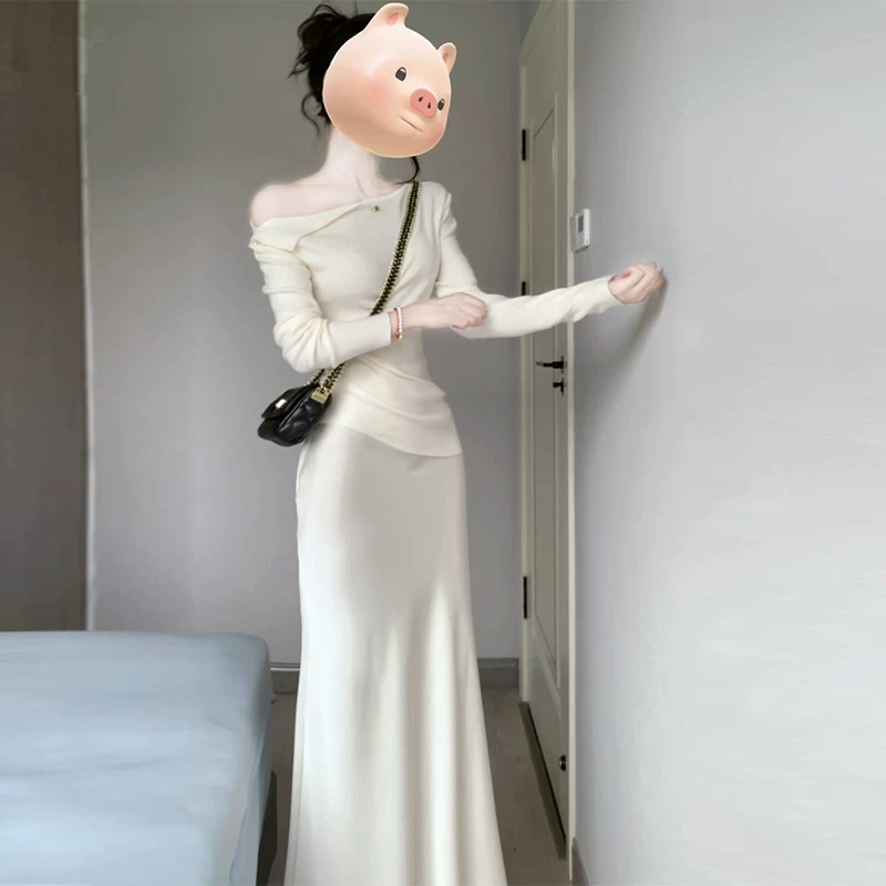 高腰白色长袖长裙修身感盐系轻熟两件套装秋冬范气质穿搭一整套