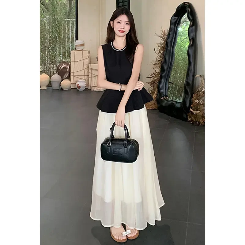 2025夏季新款女名媛气质重工钉珠收腰上衣法式高腰显瘦半身中长裙