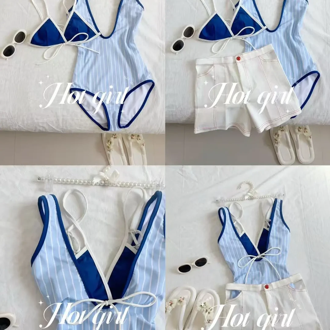 蓝白条纹显瘦显白连体泳衣适合度假海边温泉性感设计
