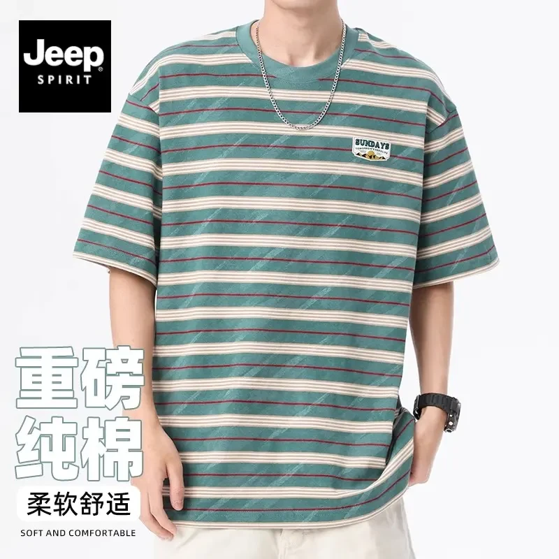 吉普时尚条纹印花短袖T恤男2025夏季潮牌宽松美式圆领上衣半袖男