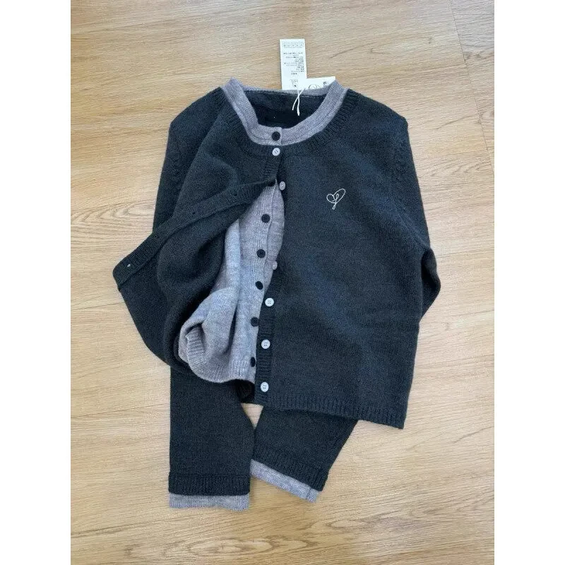 深灰色假两件毛衣男女款秋冬内搭韩版打底衫bf慵懒风针织开衫外套