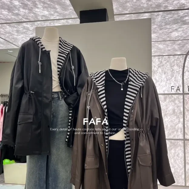 标准军旅风极简风宽松型韩版拼接秋季宽松长袖皮衣