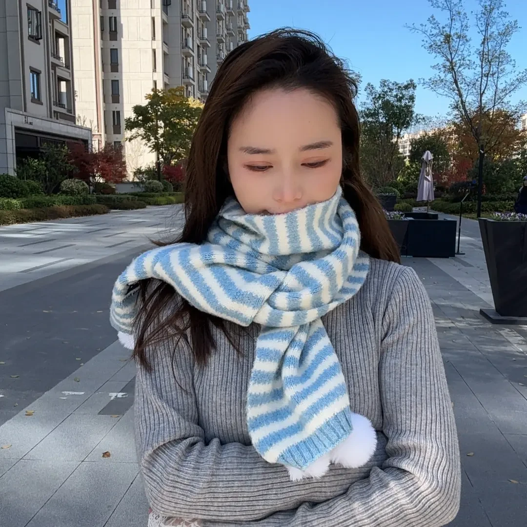 三丽鸥毛球条纹针织网红围巾百搭女秋冬韩系可爱保暖围脖护颈学生