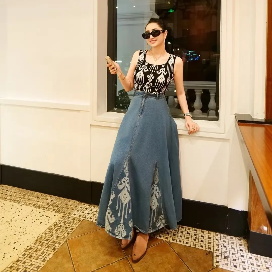 刺绣荷叶边半松紧腰牛仔裙复古洋气时尚百搭