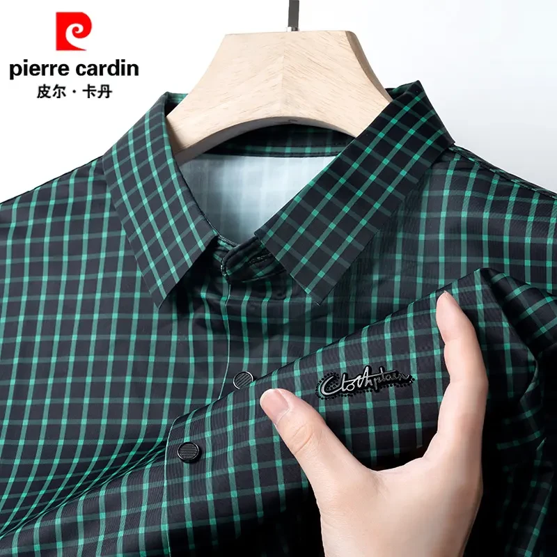皮尔卡丹夏季男士短袖衬衫爆款2025新款休闲薄款冰丝免烫格子衬衣