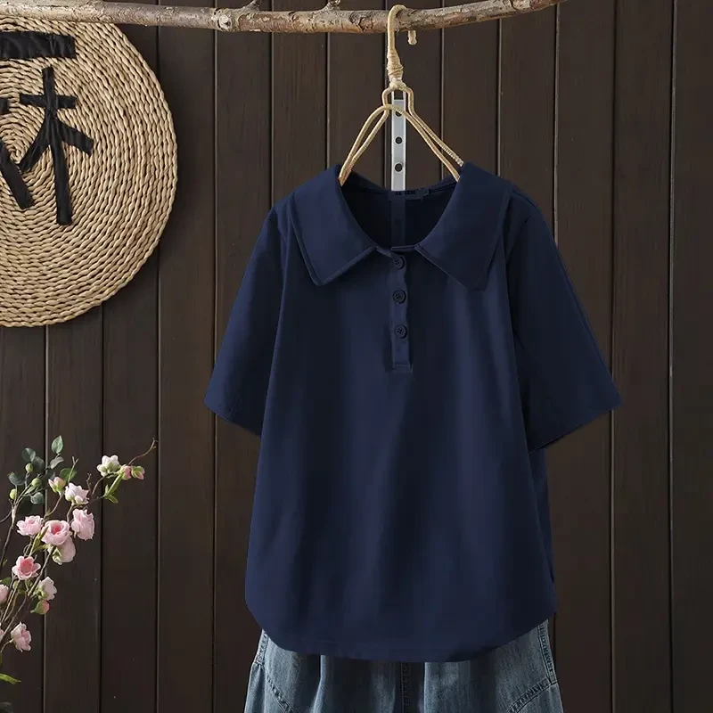 新款纯棉宽松显瘦翻领女装气质休闲百搭韩版上衣纯色日常简约短袖