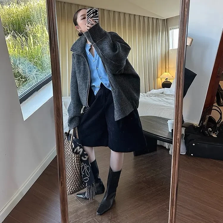 灰灰呀！韩代工作室！复古设计感高腰百搭显瘦灯芯绒短裤中裤休闲裤