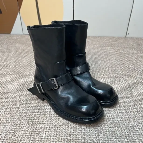 2025后拉链秋冬轻职风中筒粗跟圆头马丁靴黑色真皮女士中筒靴