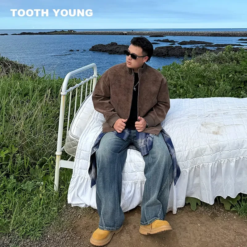 TOOTH YOUNG【时尚先生】复古立领秋季胖男生宽松休闲皮衣夹克