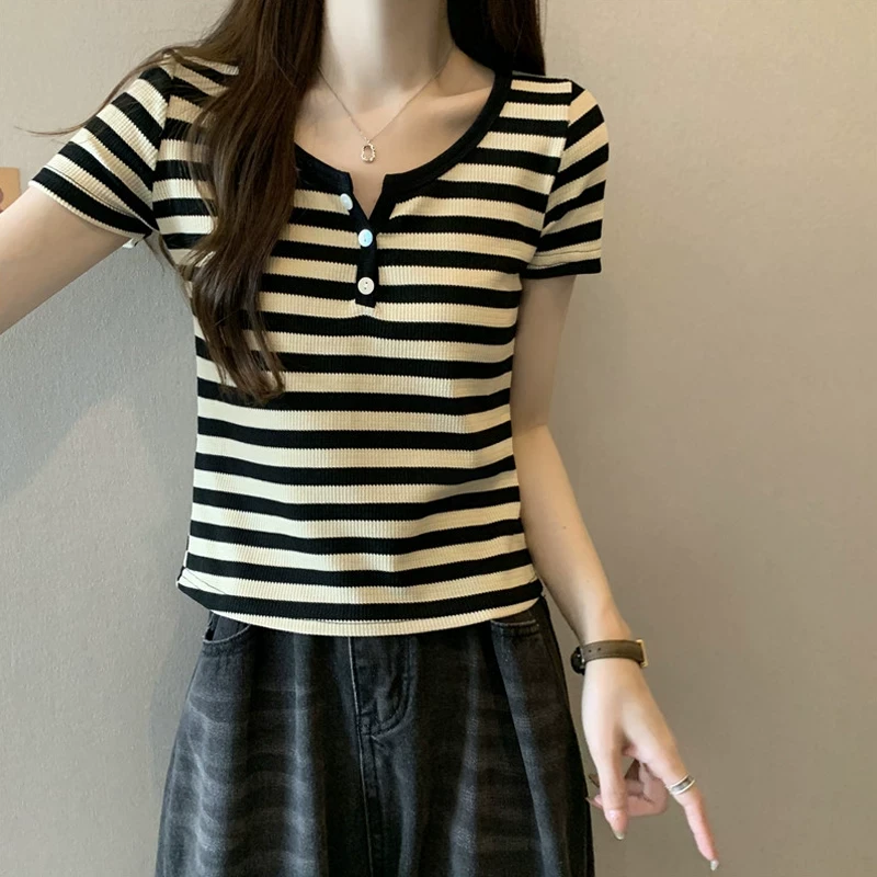 大码v领短袖t恤女2025新款夏季胖mm条纹小衫修身显瘦抽绳短款上衣
