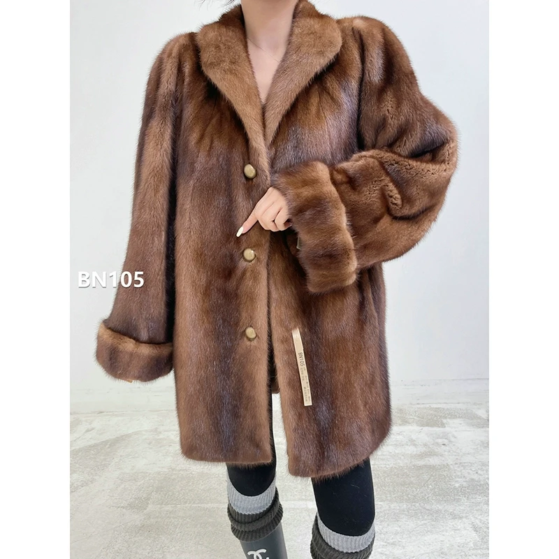 【BN105】L码 蜜茶棕中长款全抽貂皮大衣（肩39胸110衣84袖63）
