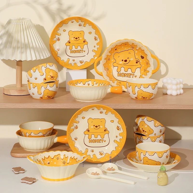 小熊陶瓷米饭碗家用餐具高颜值吃饭碗釉下彩陶瓷碗盘子防烫双耳